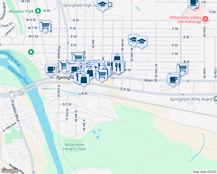 map of restaurants, bars, coffee shops, grocery stores, and more near 307 South 5th Street in Springfield