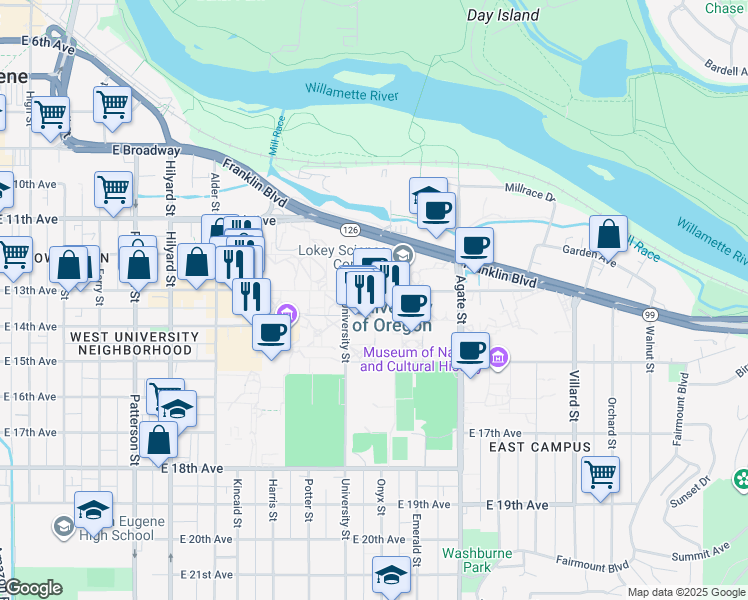 map of restaurants, bars, coffee shops, grocery stores, and more near 1395 University Street in Eugene