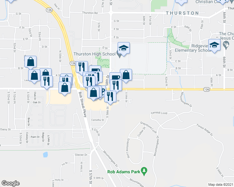 map of restaurants, bars, coffee shops, grocery stores, and more near 5851 Main Street in Springfield