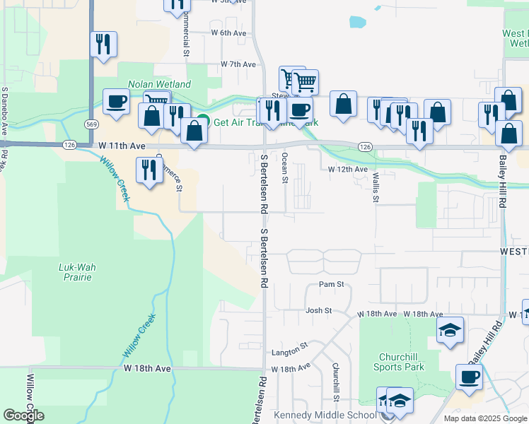 map of restaurants, bars, coffee shops, grocery stores, and more near 1369 South Bertelsen Road in Eugene