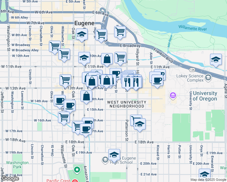 map of restaurants, bars, coffee shops, grocery stores, and more near 1394 Ferry Street in Eugene