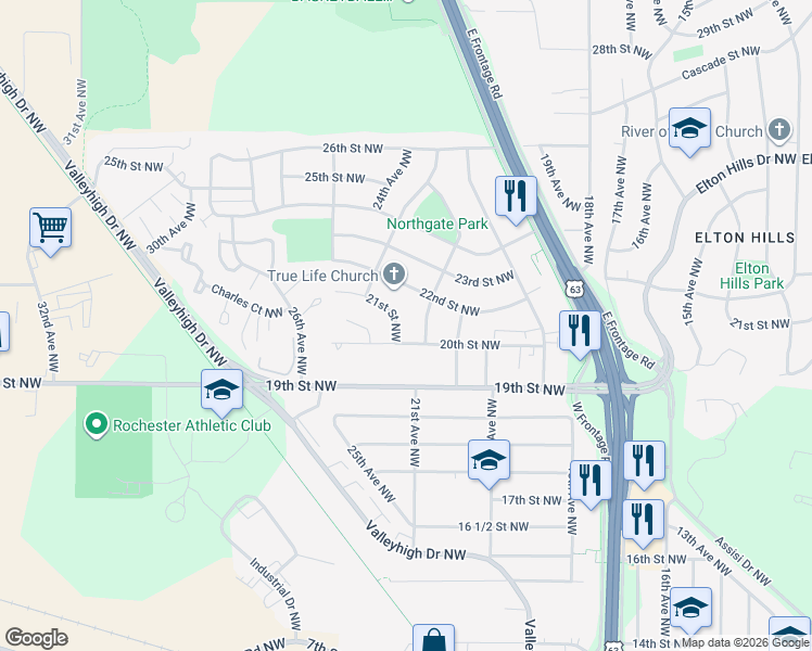 map of restaurants, bars, coffee shops, grocery stores, and more near 2112 20th Street Northwest in Rochester