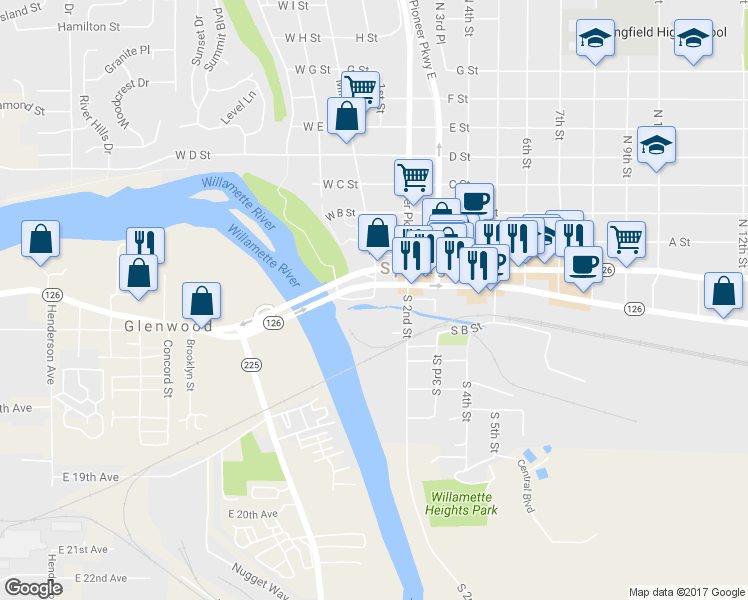 map of restaurants, bars, coffee shops, grocery stores, and more near 109 Main Street in Eugene