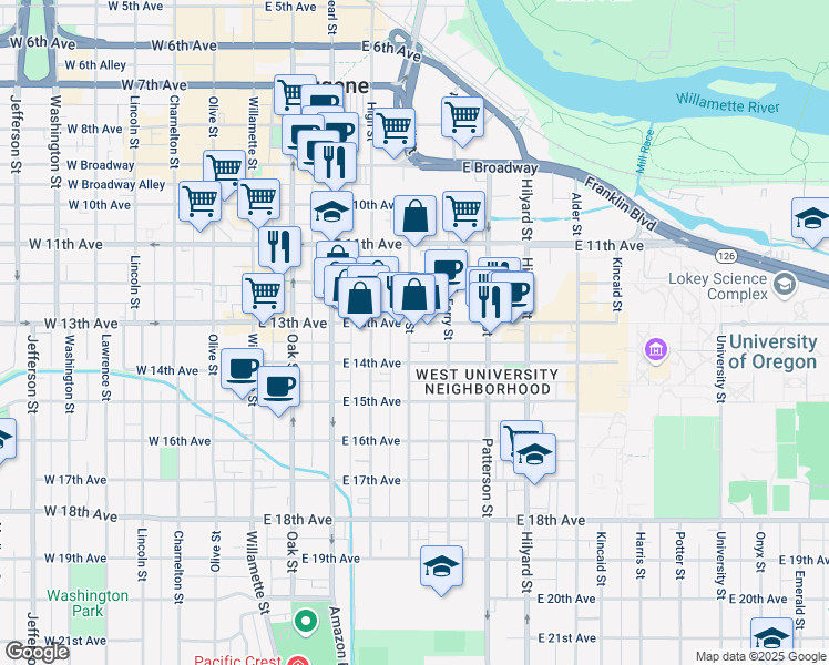 map of restaurants, bars, coffee shops, grocery stores, and more near 1312 Mill Street in Eugene
