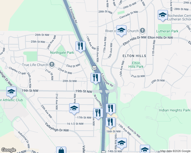 map of restaurants, bars, coffee shops, grocery stores, and more near 2107 West Frontage Road in Rochester
