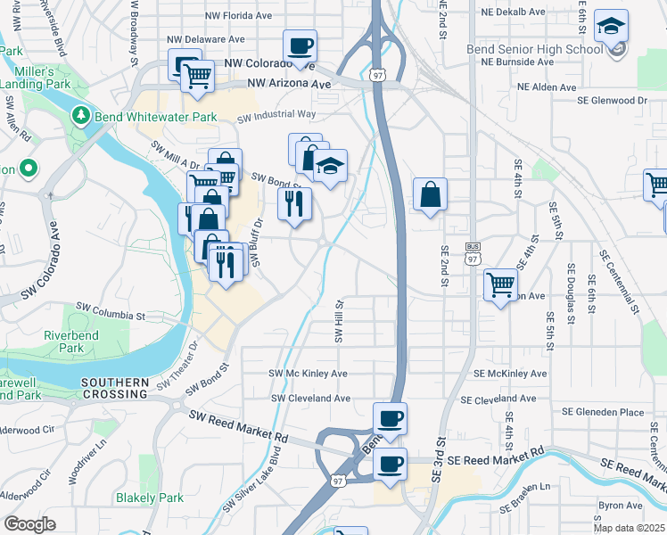 map of restaurants, bars, coffee shops, grocery stores, and more near 36 Southwest Bond Street in Bend