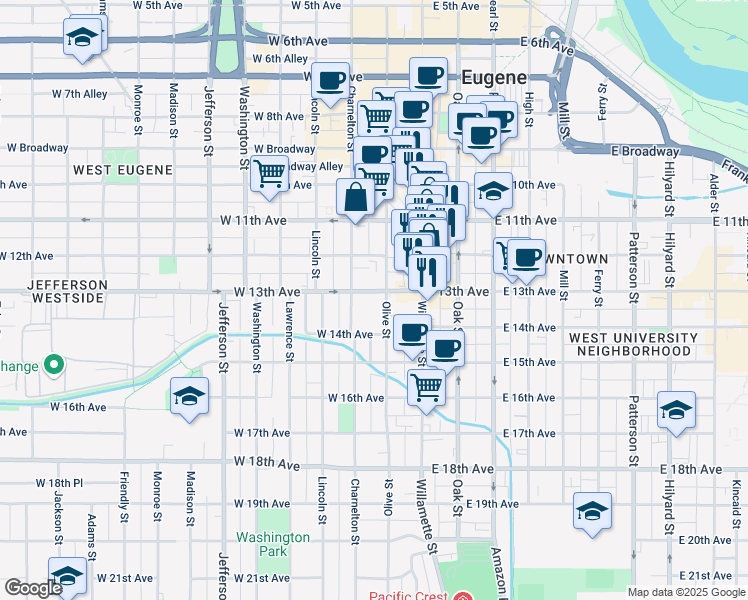 map of restaurants, bars, coffee shops, grocery stores, and more near 1298 Olive Street in Eugene