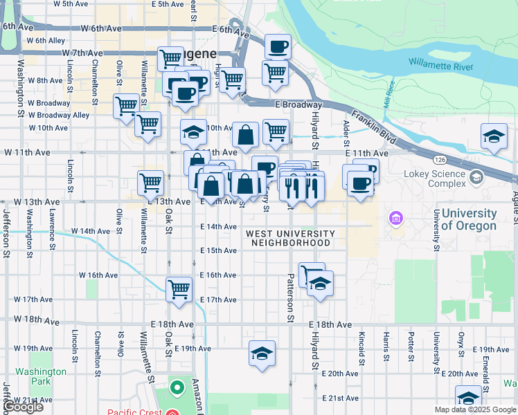 map of restaurants, bars, coffee shops, grocery stores, and more near 492 East 13th Avenue in Eugene