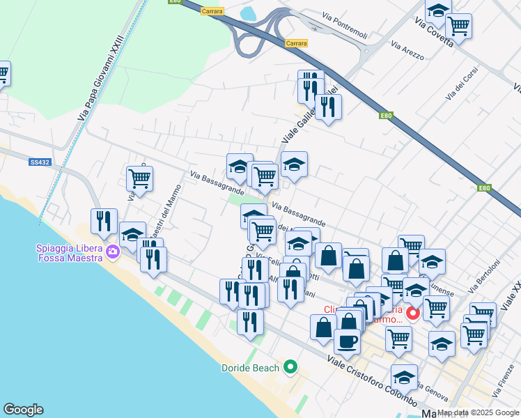 map of restaurants, bars, coffee shops, grocery stores, and more near 52 Via Bassagrande in Carrara