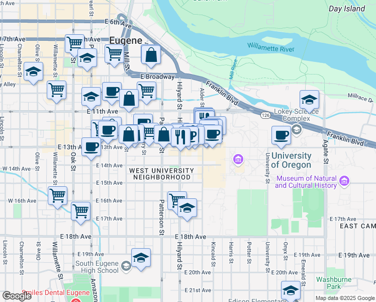 map of restaurants, bars, coffee shops, grocery stores, and more near 740 East 13th Avenue in Eugene