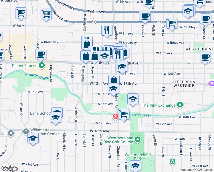 map of restaurants, bars, coffee shops, grocery stores, and more near 1768 West 13th Avenue in Eugene