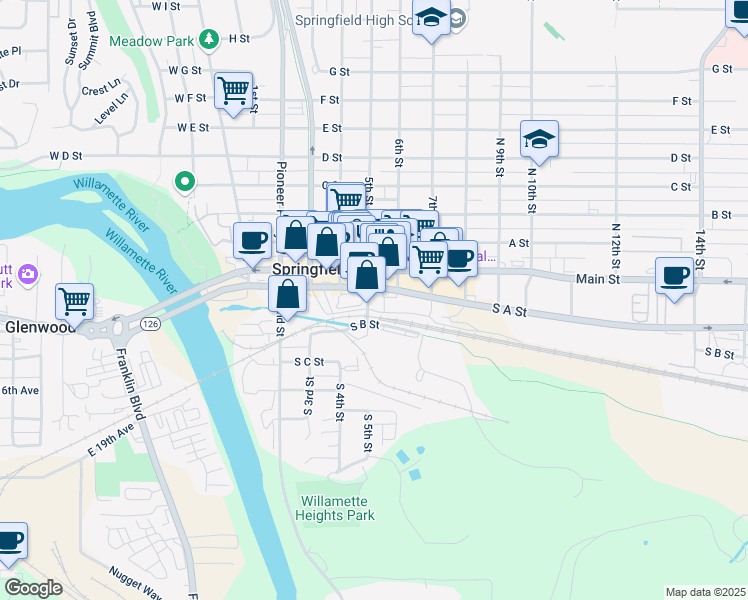 map of restaurants, bars, coffee shops, grocery stores, and more near 500 Main Street in Springfield