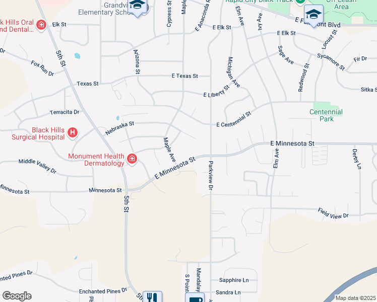 map of restaurants, bars, coffee shops, grocery stores, and more near 223 Nebraska Street in Rapid City