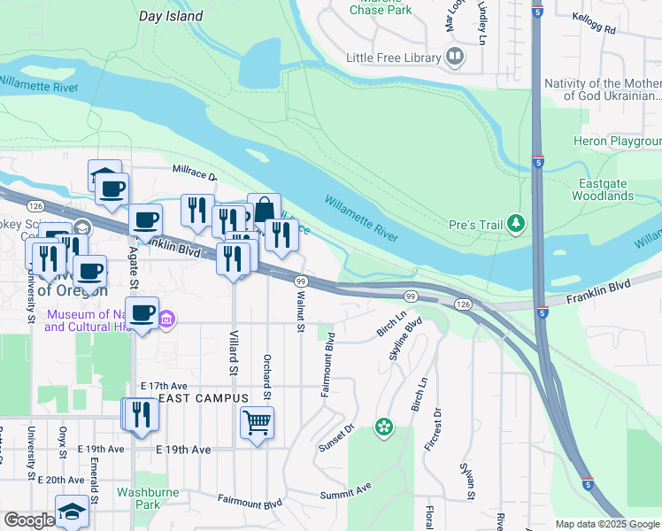 map of restaurants, bars, coffee shops, grocery stores, and more near 2117 Franklin Boulevard in Eugene