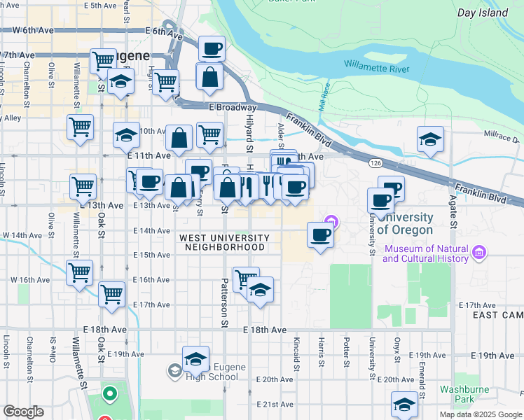 map of restaurants, bars, coffee shops, grocery stores, and more near 1255 Hilyard Street in Eugene