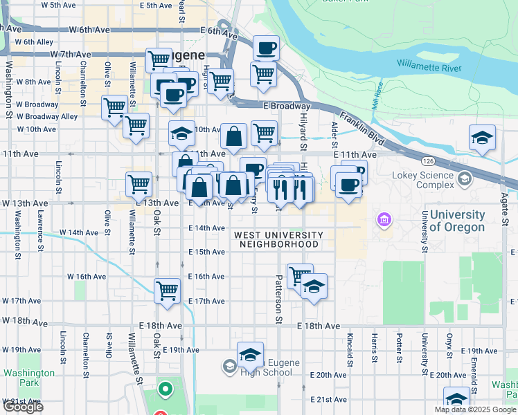 map of restaurants, bars, coffee shops, grocery stores, and more near 1250 Ferry Street in Eugene