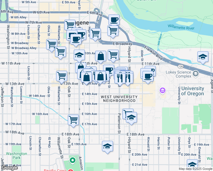 map of restaurants, bars, coffee shops, grocery stores, and more near 1250 Ferry Street in Eugene
