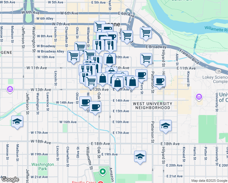 map of restaurants, bars, coffee shops, grocery stores, and more near in Eugene