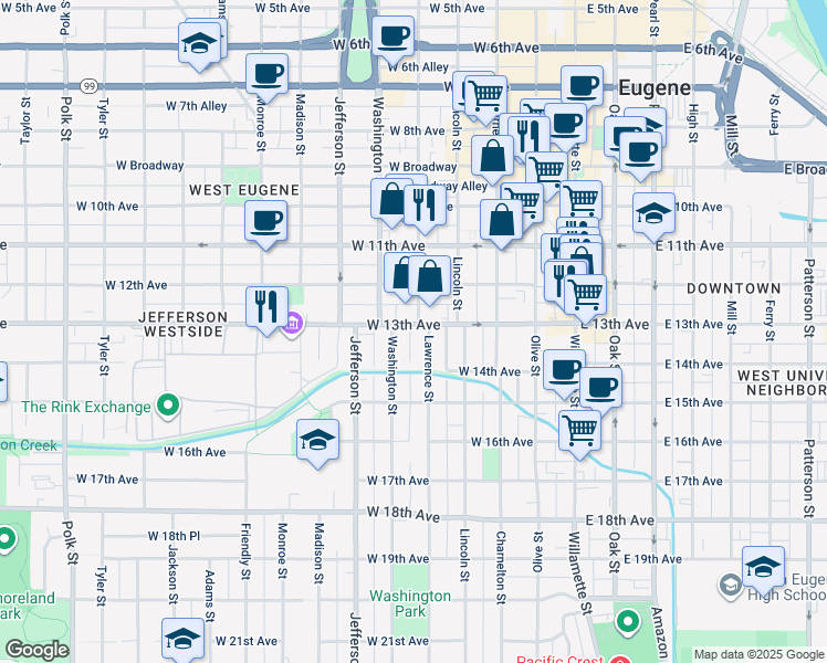 map of restaurants, bars, coffee shops, grocery stores, and more near 1262 Lawrence Street in Eugene