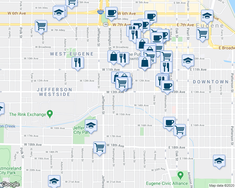 map of restaurants, bars, coffee shops, grocery stores, and more near 1262 Lawrence Street in Eugene