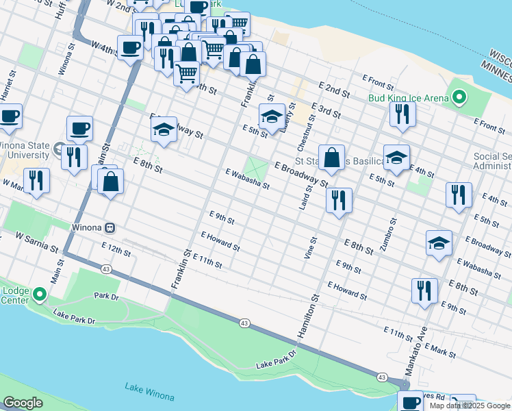 map of restaurants, bars, coffee shops, grocery stores, and more near 353 East Wabasha Street in Winona