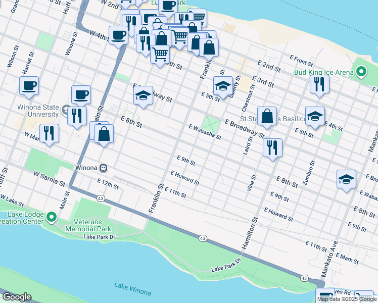 map of restaurants, bars, coffee shops, grocery stores, and more near in Winona