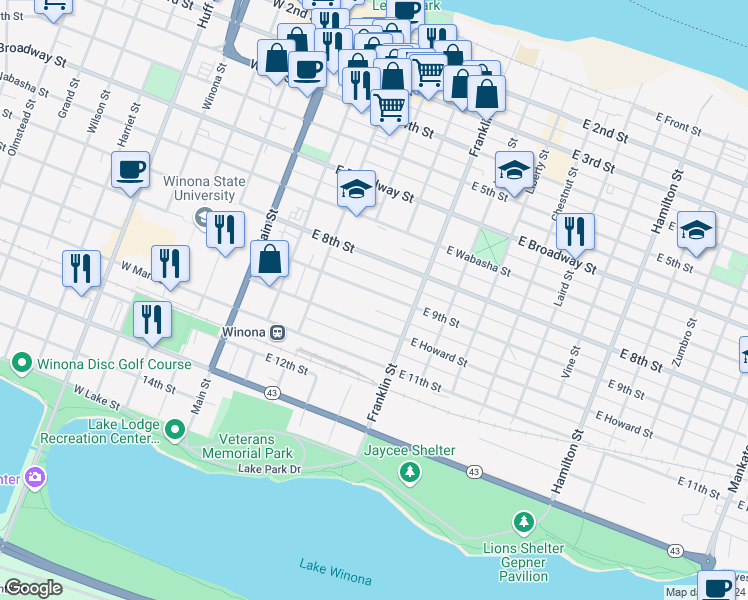 map of restaurants, bars, coffee shops, grocery stores, and more near 156 East 9th Street in Winona