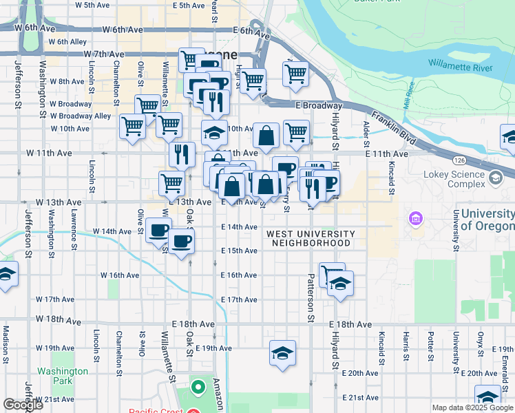 map of restaurants, bars, coffee shops, grocery stores, and more near 1312 Mill Street in Eugene