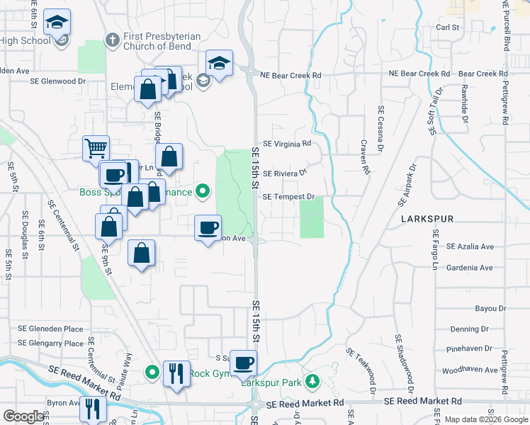 map of restaurants, bars, coffee shops, grocery stores, and more near 353 Southeast Wildcat Drive in Bend