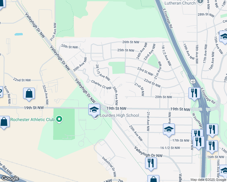 map of restaurants, bars, coffee shops, grocery stores, and more near 2055 26th Avenue Northwest in Rochester