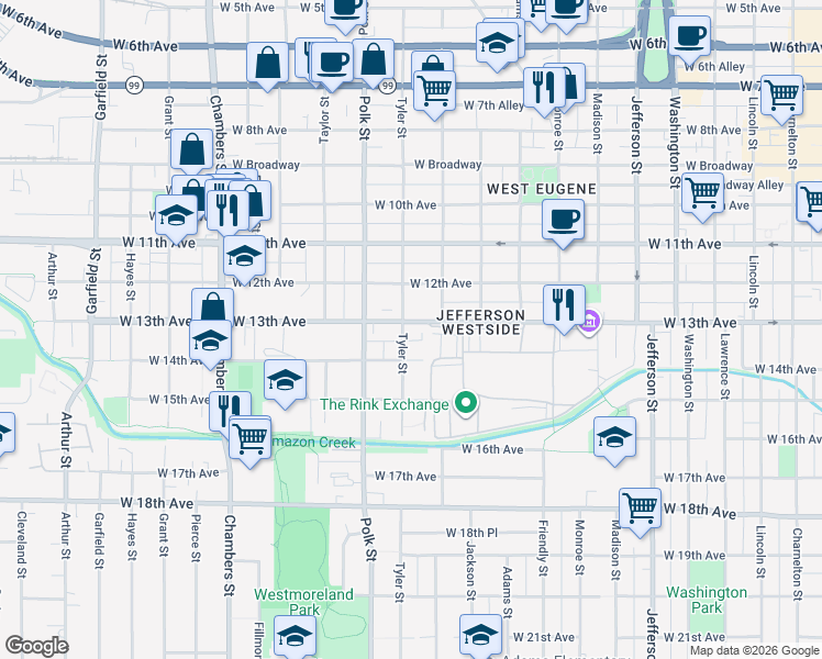map of restaurants, bars, coffee shops, grocery stores, and more near 1188 West 13th Avenue in Eugene