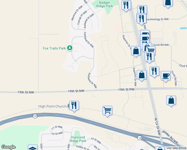 map of restaurants, bars, coffee shops, grocery stores, and more near 2136 Ashland Drive Northwest in Rochester