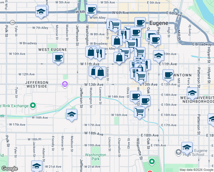 map of restaurants, bars, coffee shops, grocery stores, and more near 1312 Lincoln Street in Eugene