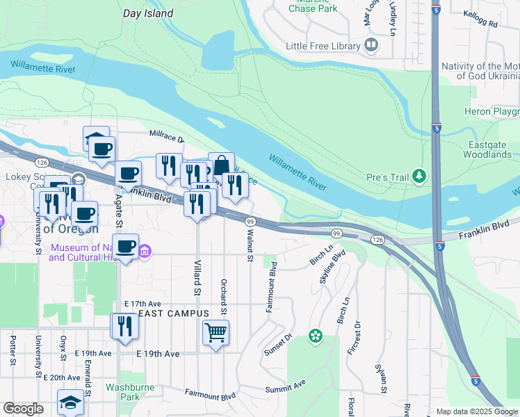 map of restaurants, bars, coffee shops, grocery stores, and more near 2117 Franklin Boulevard in Eugene