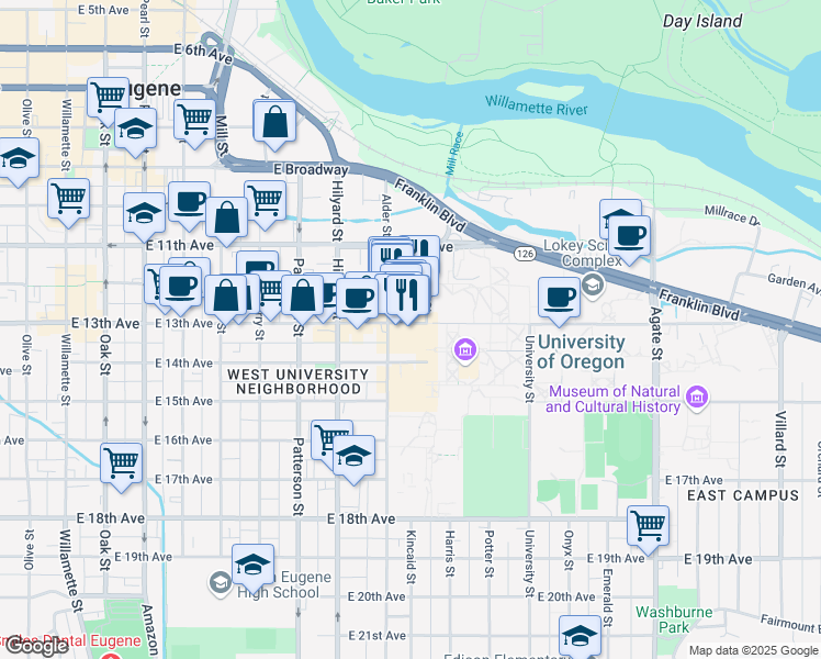 map of restaurants, bars, coffee shops, grocery stores, and more near 838 East 12th Alley in Eugene