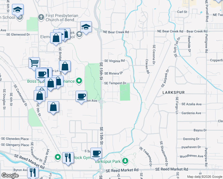 map of restaurants, bars, coffee shops, grocery stores, and more near 437 Southeast Wildcat Drive in Bend