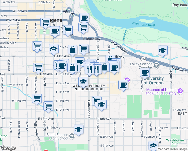 map of restaurants, bars, coffee shops, grocery stores, and more near 682 East 13th Avenue in Eugene