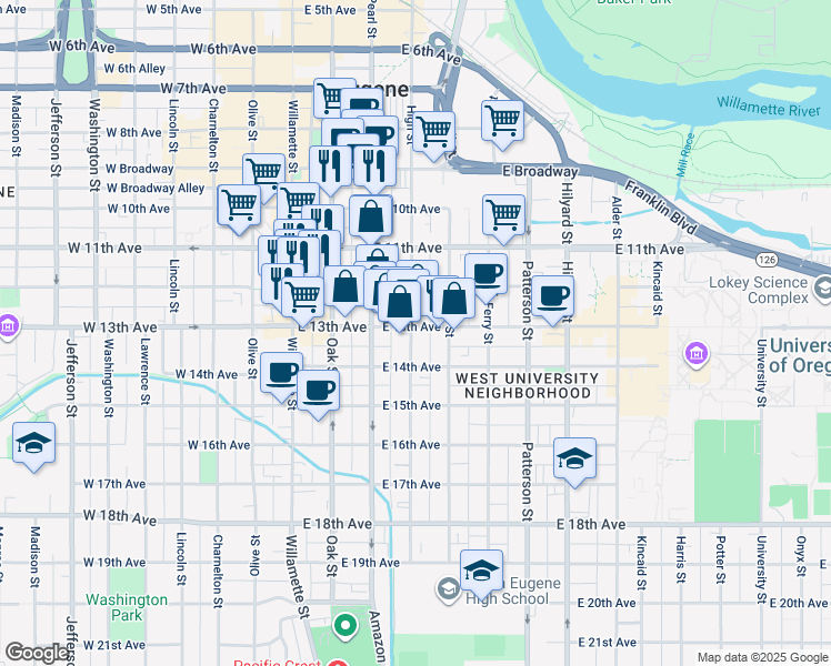 map of restaurants, bars, coffee shops, grocery stores, and more near in Eugene