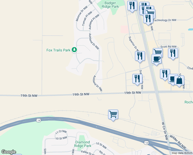 map of restaurants, bars, coffee shops, grocery stores, and more near 4497 Heritage Place Northwest in Rochester