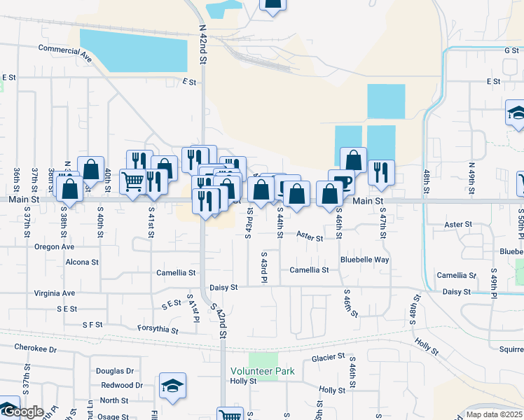 map of restaurants, bars, coffee shops, grocery stores, and more near 4360 Main Street in Springfield