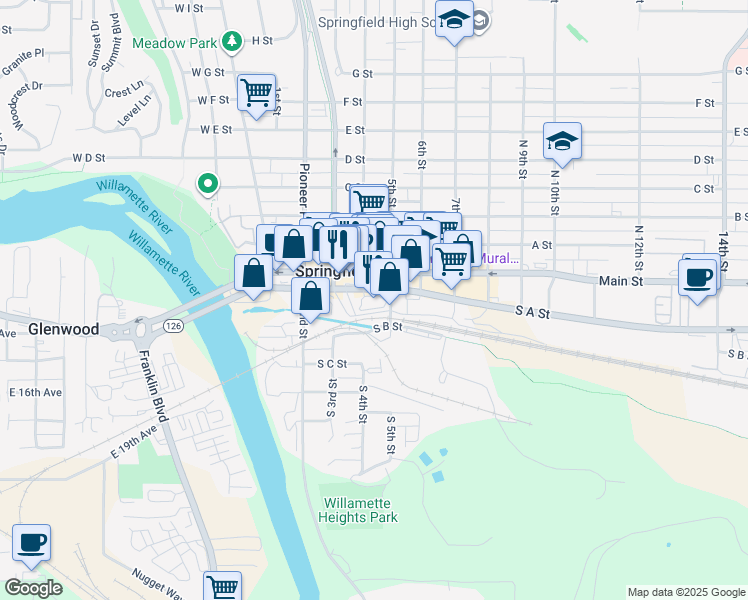 map of restaurants, bars, coffee shops, grocery stores, and more near 349 Main Street in Springfield
