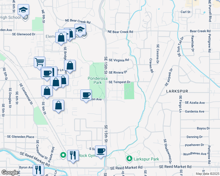 map of restaurants, bars, coffee shops, grocery stores, and more near 1522 Southeast Skylark Drive in Bend