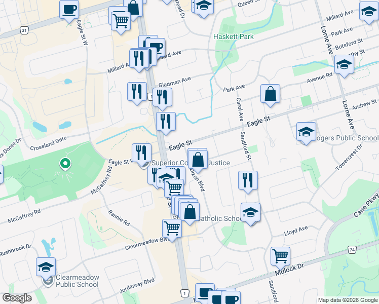 map of restaurants, bars, coffee shops, grocery stores, and more near 291 Dixon Boulevard in Newmarket