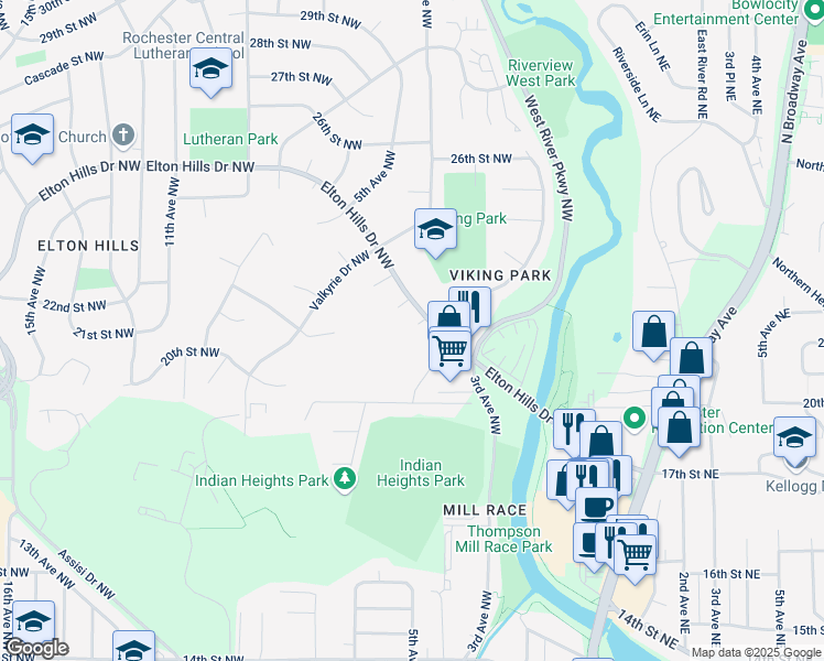 map of restaurants, bars, coffee shops, grocery stores, and more near 354 Elton Hills Drive Northwest in Rochester