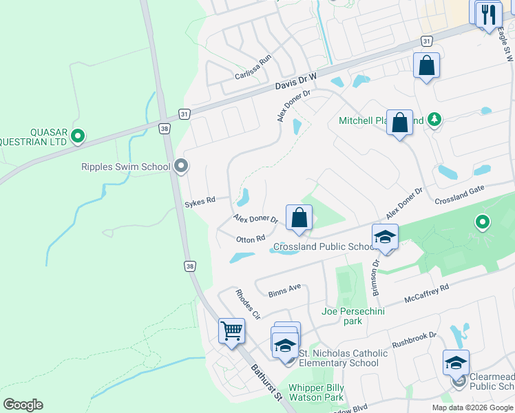 map of restaurants, bars, coffee shops, grocery stores, and more near 366 Amberlee Court in Newmarket