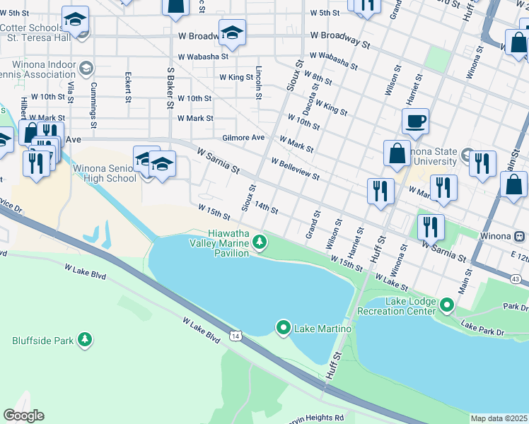 map of restaurants, bars, coffee shops, grocery stores, and more near 551 14th Street in Winona