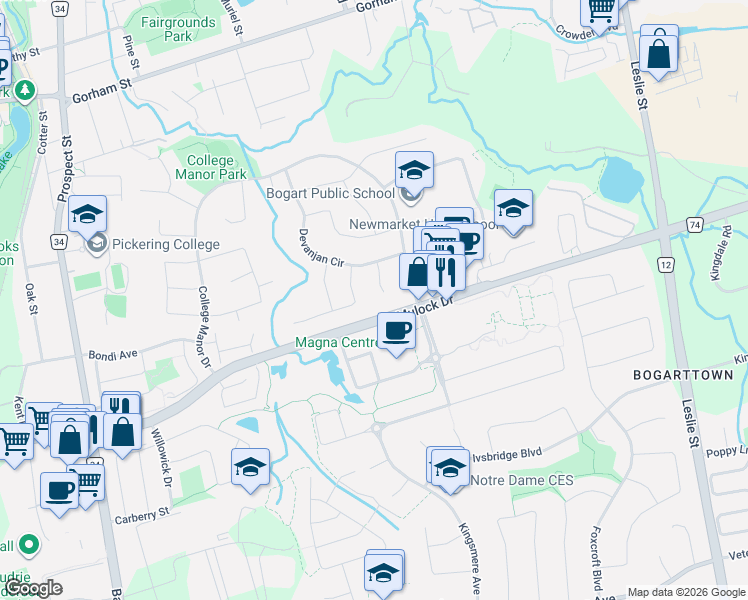 map of restaurants, bars, coffee shops, grocery stores, and more near 528 Veale Place in Newmarket