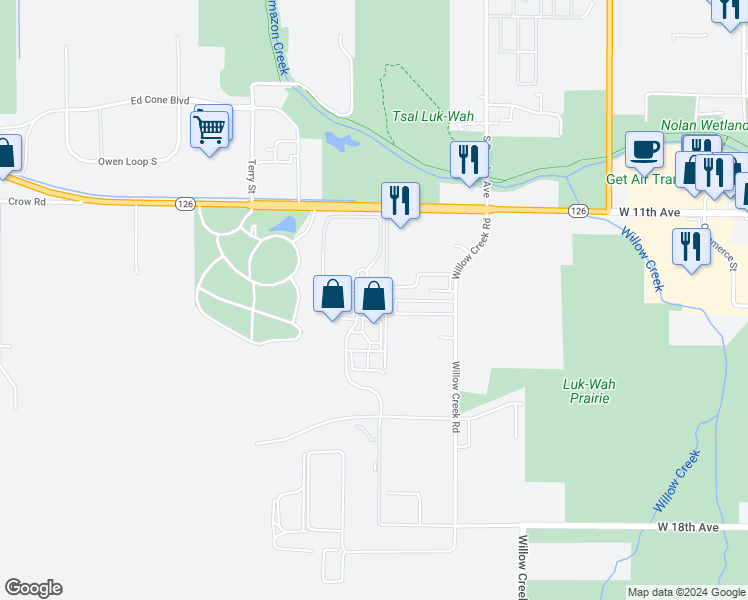 map of restaurants, bars, coffee shops, grocery stores, and more near 1455 Westec Drive in Eugene