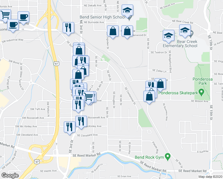 map of restaurants, bars, coffee shops, grocery stores, and more near 557 Southeast Woodland Boulevard in Bend