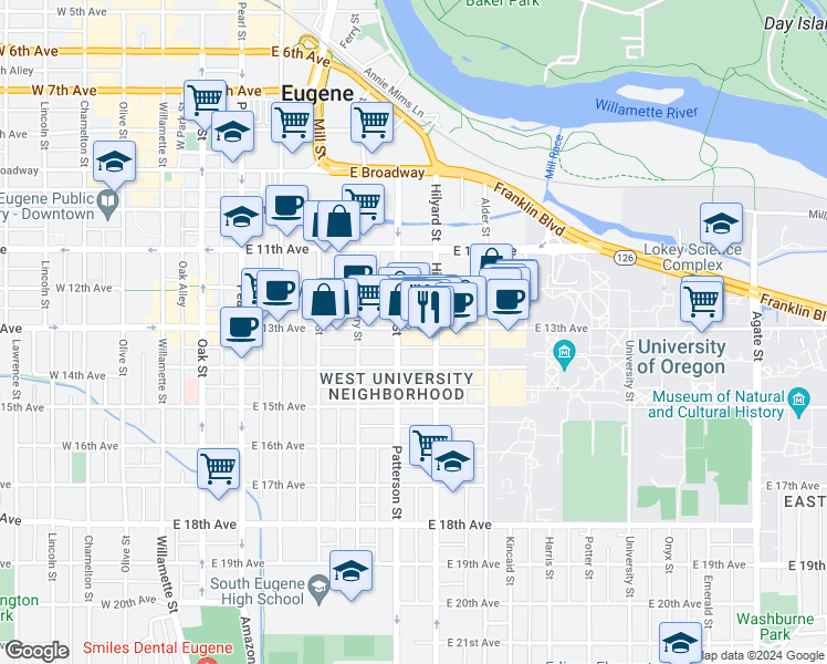 map of restaurants, bars, coffee shops, grocery stores, and more near 1200 Hilyard Street in Eugene